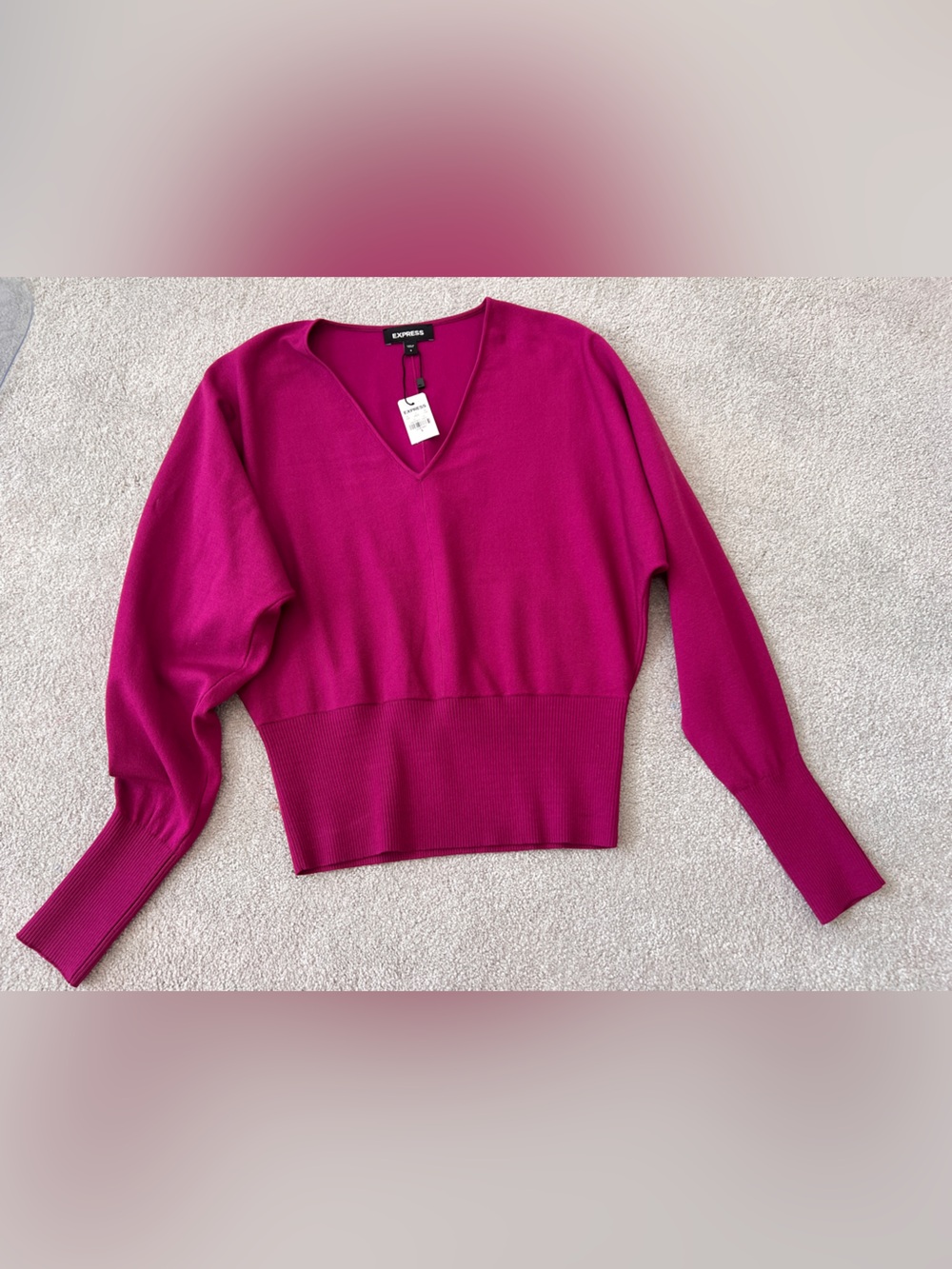 NWT ⭐️ Express Fuchsia V-Neck Ribbed-Hem Sweater